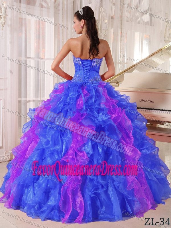 Hot Sale Blue and Purple Long Quinceanera Gown with Ruffles in Organza