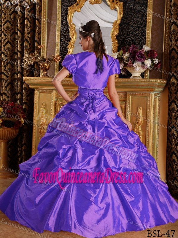 Perfect Purple Beaded Long Sweet Sixteen Dresses with Pick-ups in Taffeta