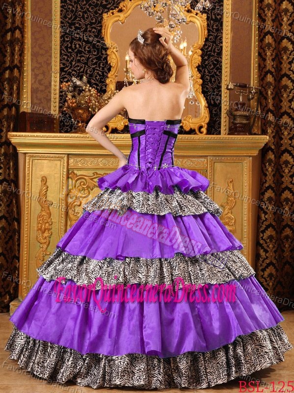 Popular Zebra Purple Taffeta Long Quinceanera Gown Dresses with Ruffles
