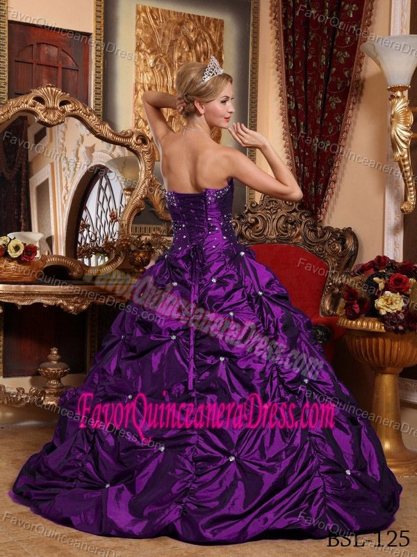 Beaded Floor-length Eggplant Purple A-line Strapless Quinceanera Gown in Taffeta