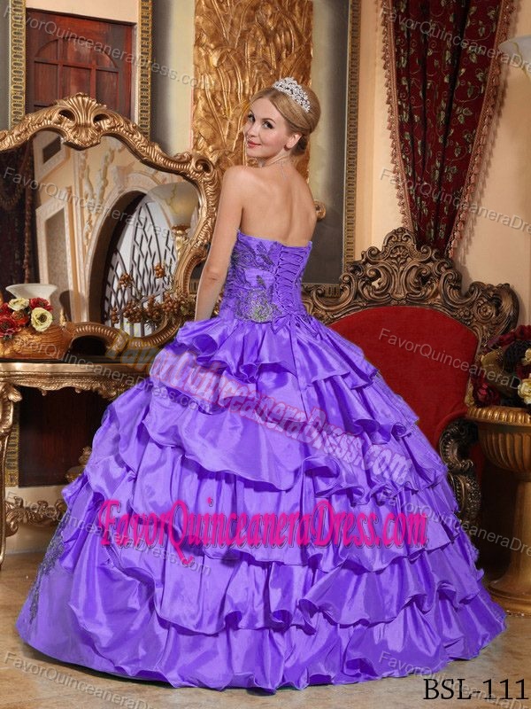 Strapless Floor-length Taffeta Purple Ball Gown Quinceaneras Dress with Appliques