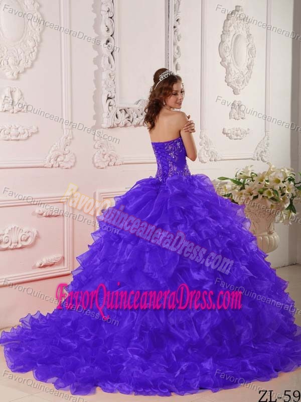 Purple Ball Gown Strapless Embroidery Organza Quinceanera Gown with Ruffles