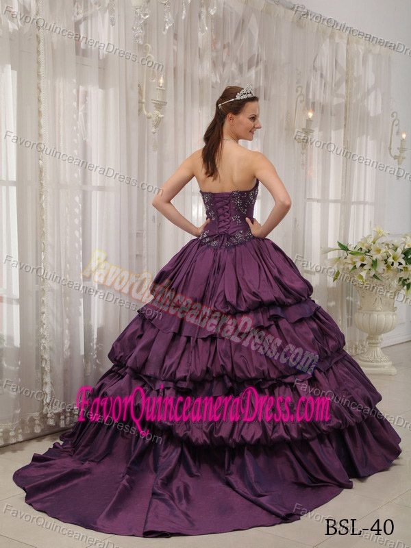 Taffeta Appliqued Purple Ball Gown Sweetheart Quinces Dresses with Court Train