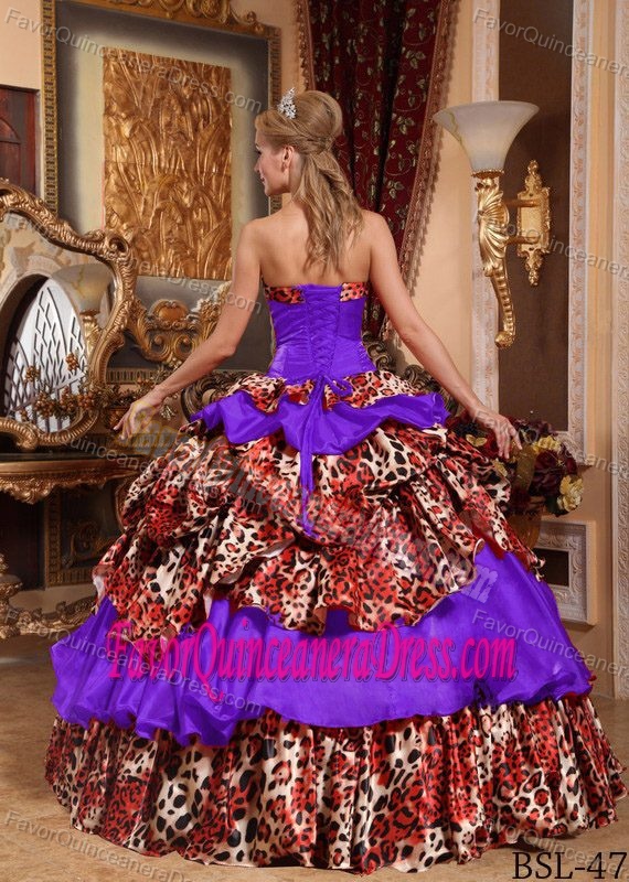 Taffeta and Leopard Purple Strapless Quinceanera Dresses with Pick-ups