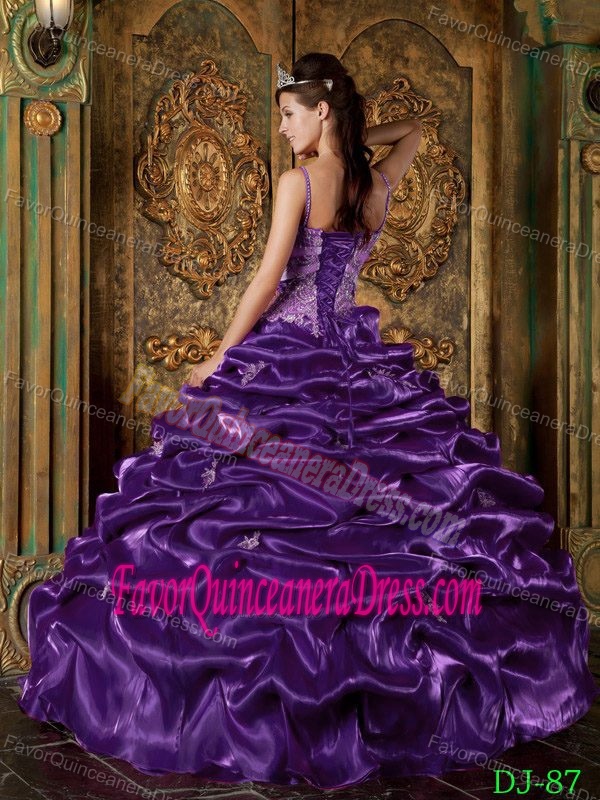 Straps Floor-length Beaded Purple Ball Gown Quinceanera Dress in Taffeta
