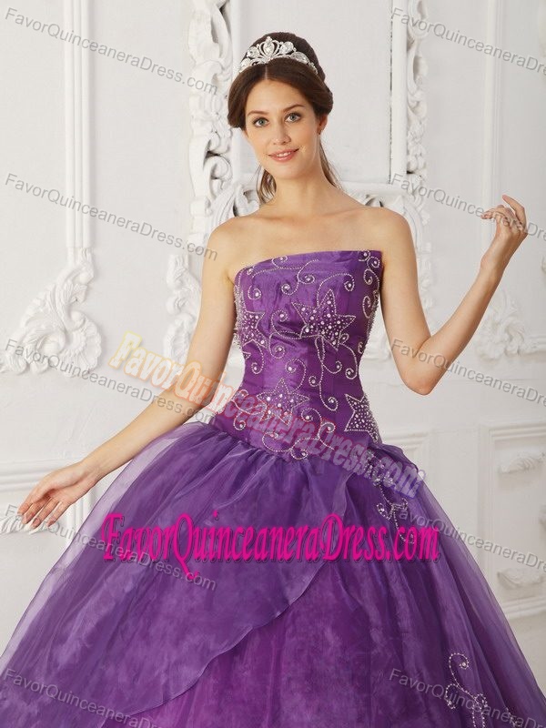 Beaded Purple Strapless 2013 Dress for Quinceanera in Satin and Organza