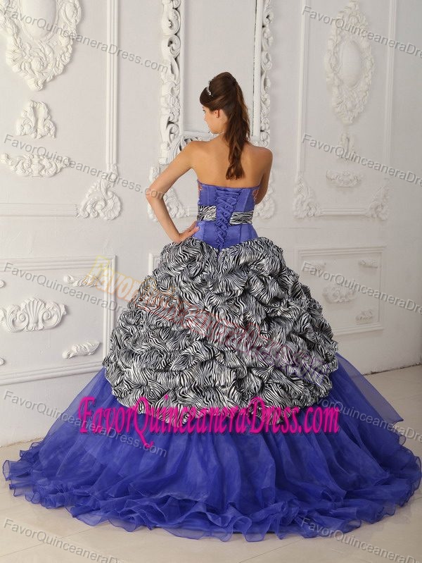 Zebra and Organza Blue Ball Gown Strapless Quince Dresses with Chapel Train