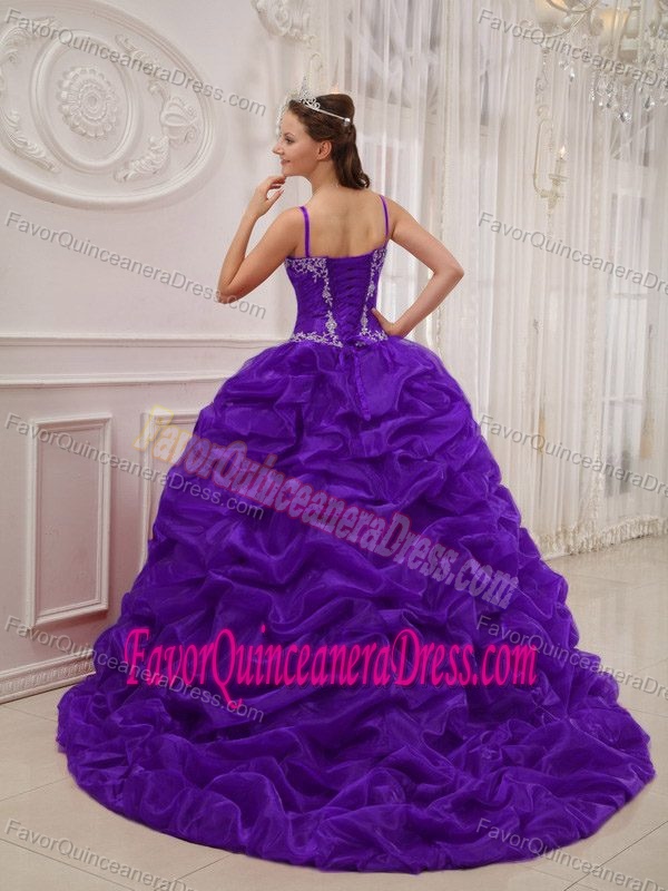 Court Train Organza Dark Purple for Quince Dresses with Spaghetti Straps