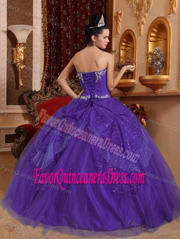 Beaded and Appliqued Eggplant Purple Tulle Quince Dresses with Sweetheart