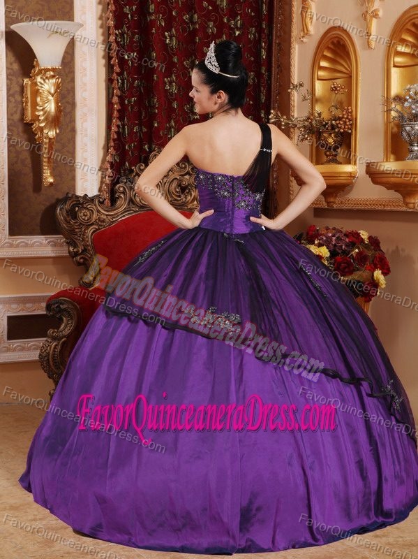Taffeta and Organza Purple Appliqued Quince Dresses with One Shoulder