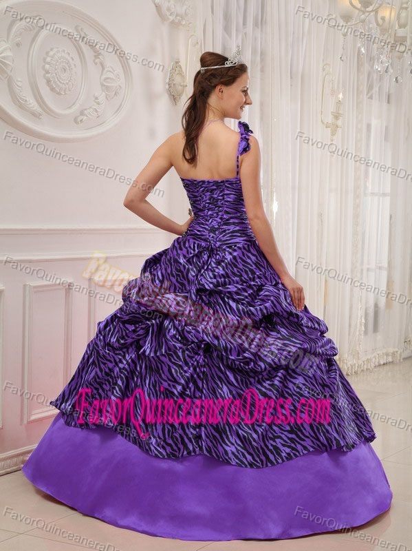 Appliqued Purple One Shoulder Quinceanera Gowns in Zebra and Leopard