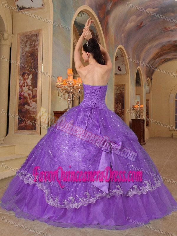 Sequined Purple Strapless Floor-length Quince Dress with Bowknots
