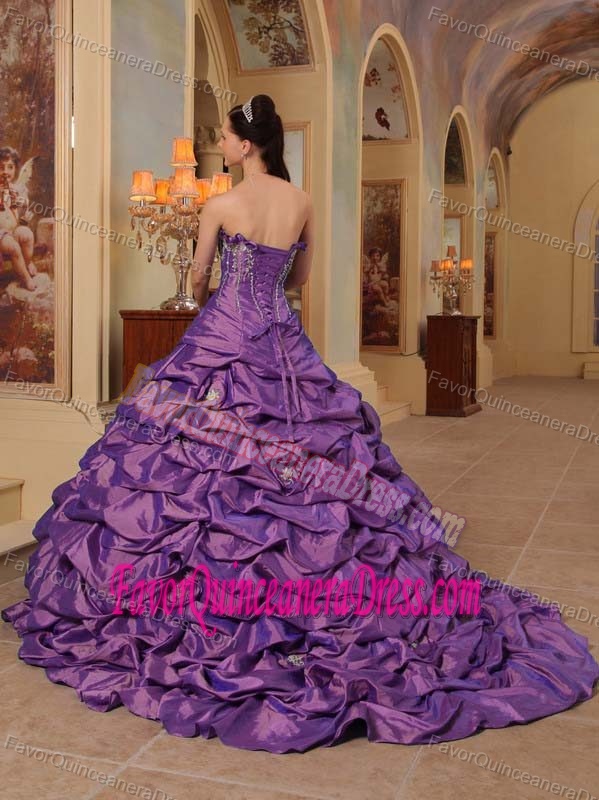 Purple Strapless Graceful Taffeta Dresses for Quince with Pick-ups
