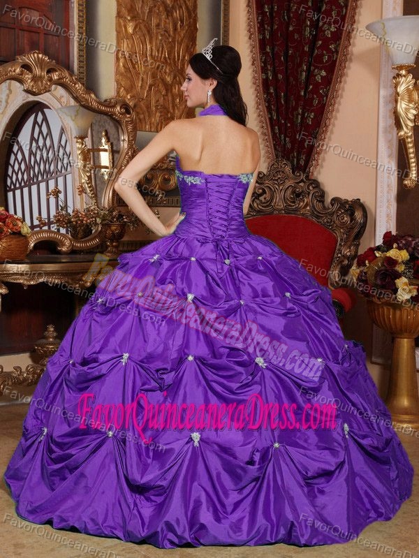 Halter Top Floor-length Purple Quinceanera Dresses with Pick-ups