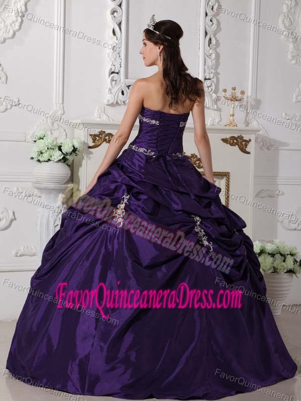 Cheap Dark Purple Strapless Taffeta Sweet 15 Dress with Pick-ups