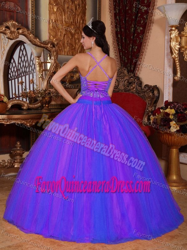 Taffeta and Tulle Straps Cheap Quinceanera Gown Dresses in Purple