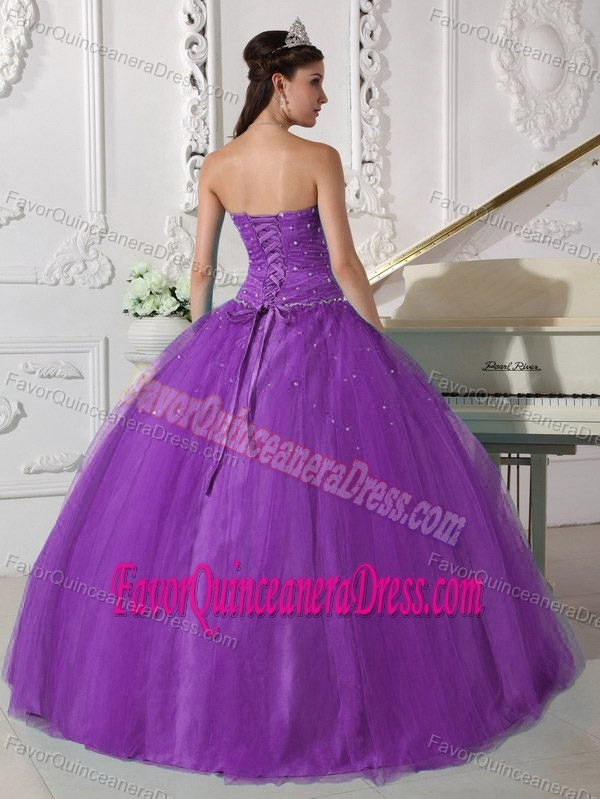 Beaded Strapless Floor-length Tulle Sweet Sixteen Dresses in Purple