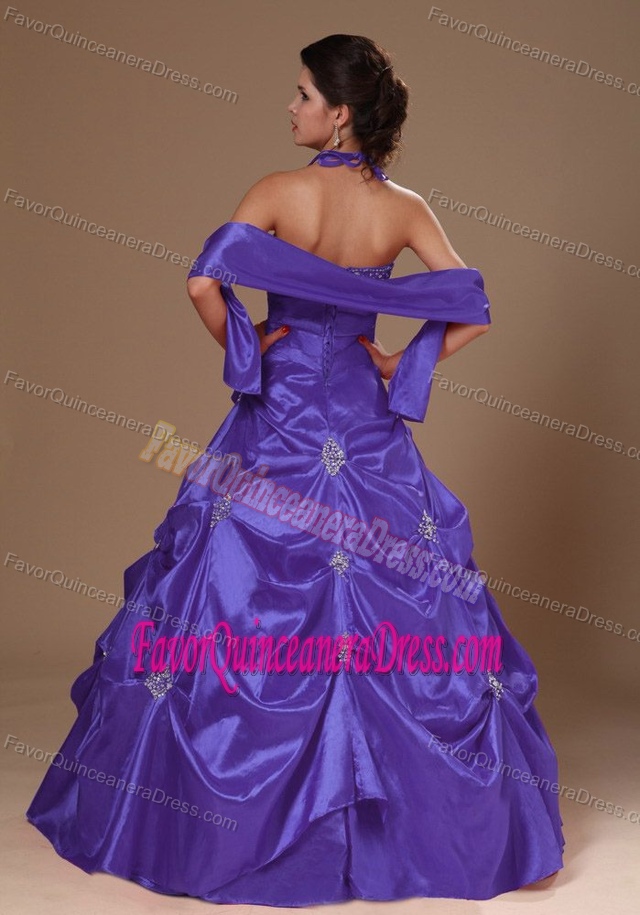 Cute Purple Taffeta Sweet Sixteen Dresses with Pick-ups and Halter