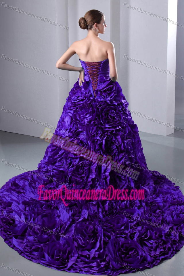 Taffeta Ruffled Sweetheart Brush Train Sweet 16 Dresses in Purple