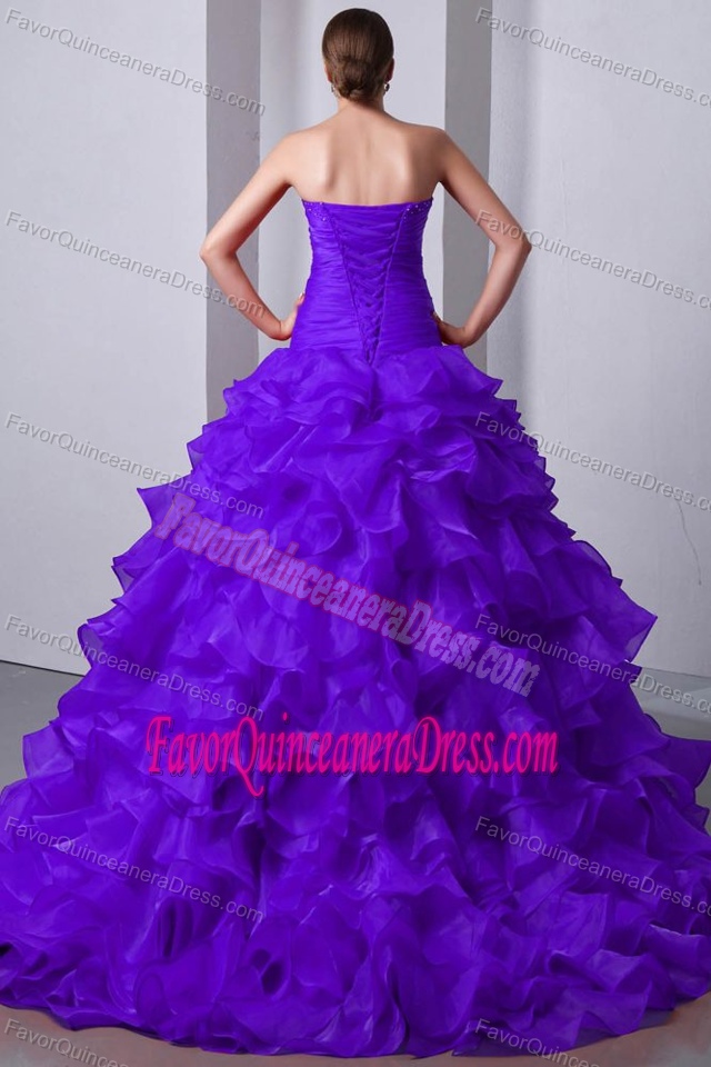 Purple Ruffled Sweetheart Brush Train Sweet 16 Dresses in Organza