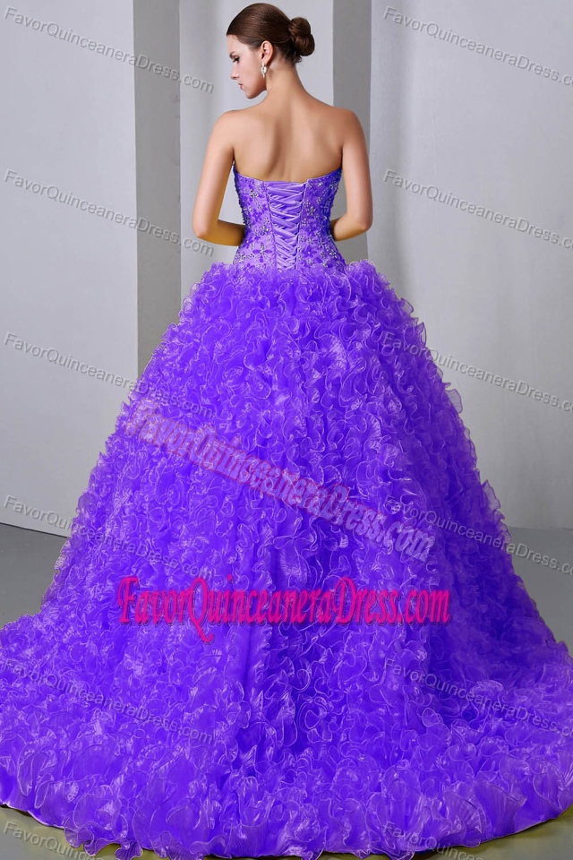 Purple Organza Sweetheart Brush Train Quince Dresses with Ruffles