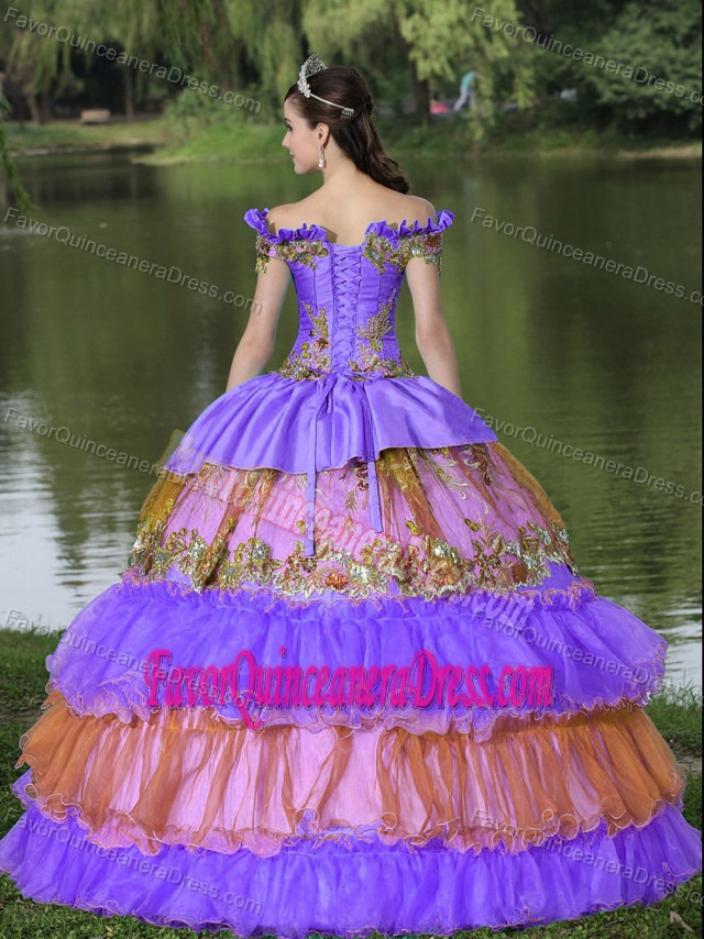Magnificent Multi-color Quinceanera Gown with Off the Shoulder and Appliques