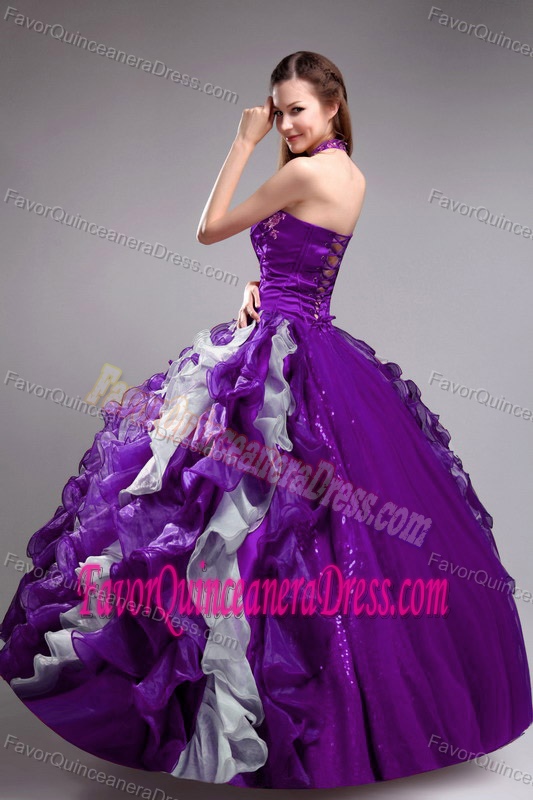 Stylish Purple and White Taffeta and Organza Dresses for Quince with Halter Neck