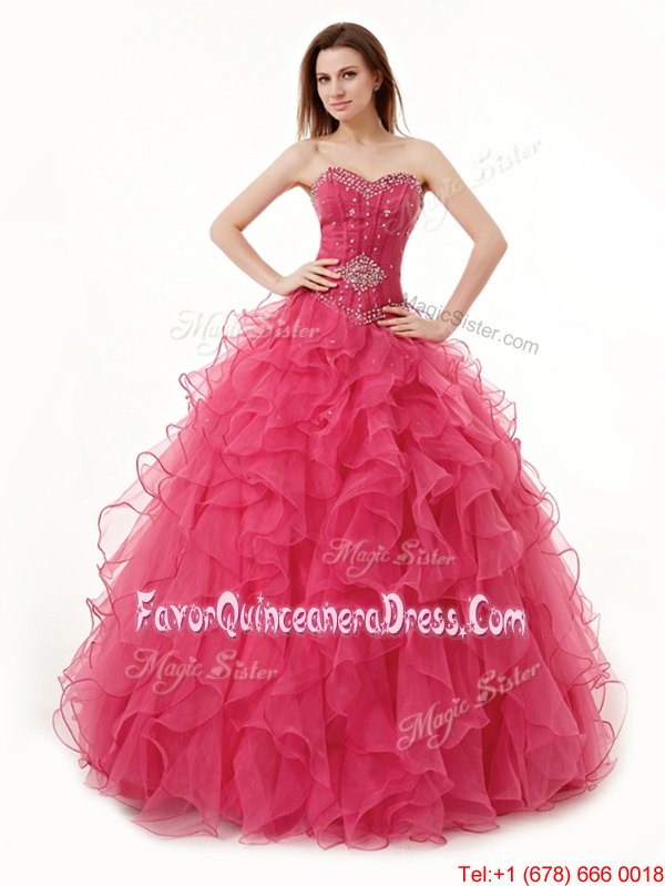 Popular Coral Red Sleeveless Organza Lace Up Quince Ball Gowns for Military Ball and Sweet 16 and Quinceanera