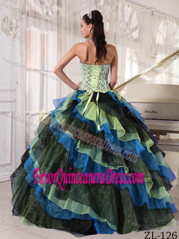 Multi-colored Strapless Organza Appliqued Quinceanera Dress with Beading