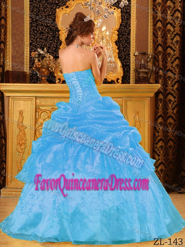 Ornate Organza Appliqued Aqua Blue Quinceanera Dress with Pick-ups