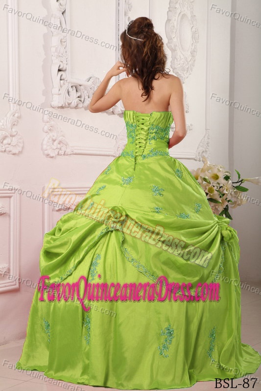 Strapless Taffeta Beaded Appliqued Quinceanera Dress in Yellow Green