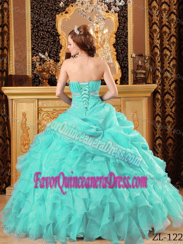 Angel Baby Blue Floor-length Organza Beaded Quince Dress with Ruffles