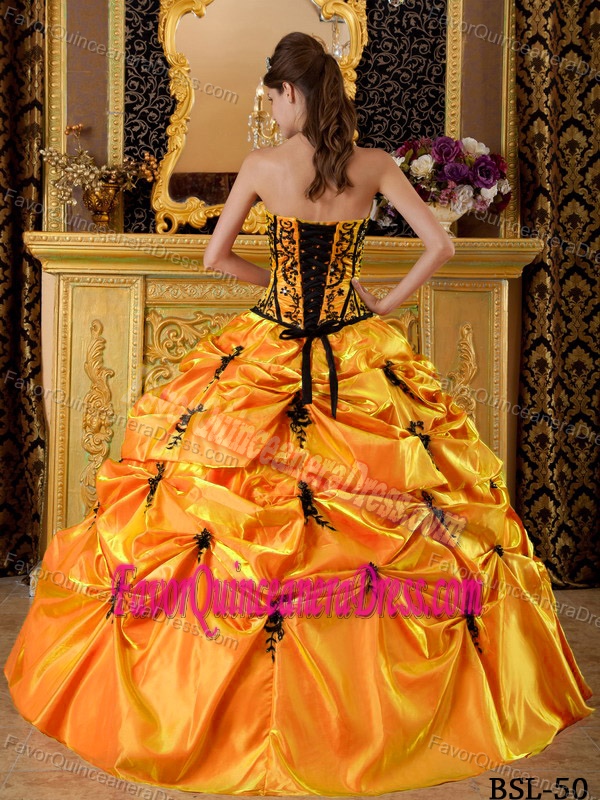 Strapless Floor-length Embroidered Taffeta Quinceanera Dress in Orange
