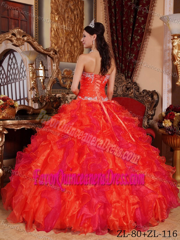 Sweetheart Organza Appliqued Hot Pink Quince Dresses with Beading