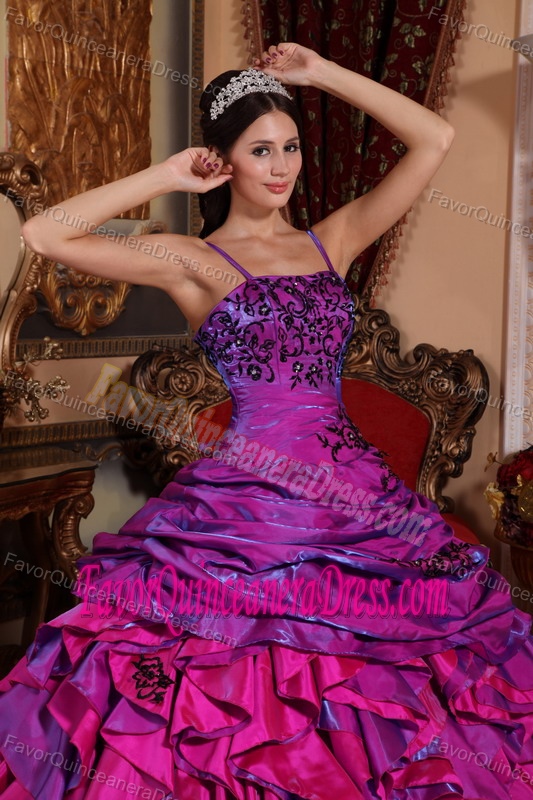 Purple and Fuchsia Embroidered Satin Beaded Quince Dress with Ruffles