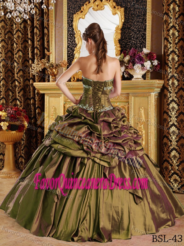 Ornate Floor-length Pick-ups Taffeta Quinceanera Dress in Olive Green
