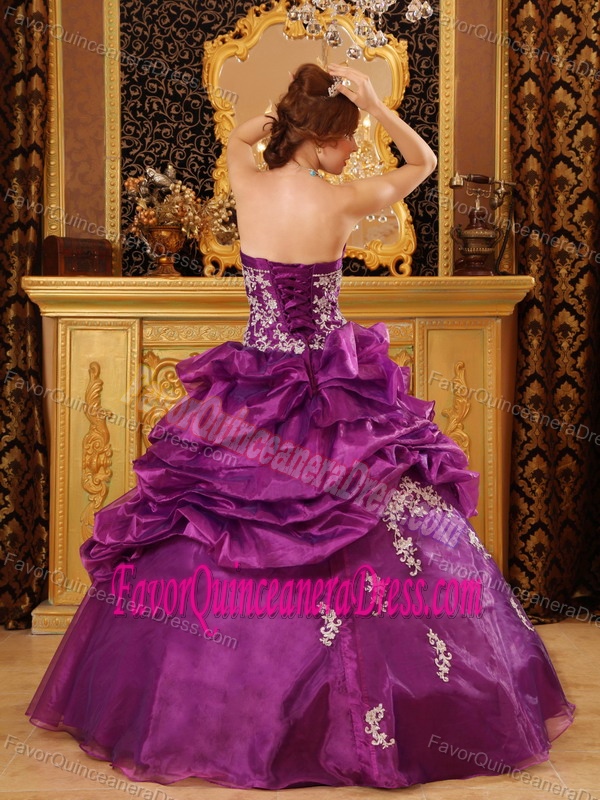 Strapless Organza Appliqued Quince Dresses in Fuchsia with Pick-ups