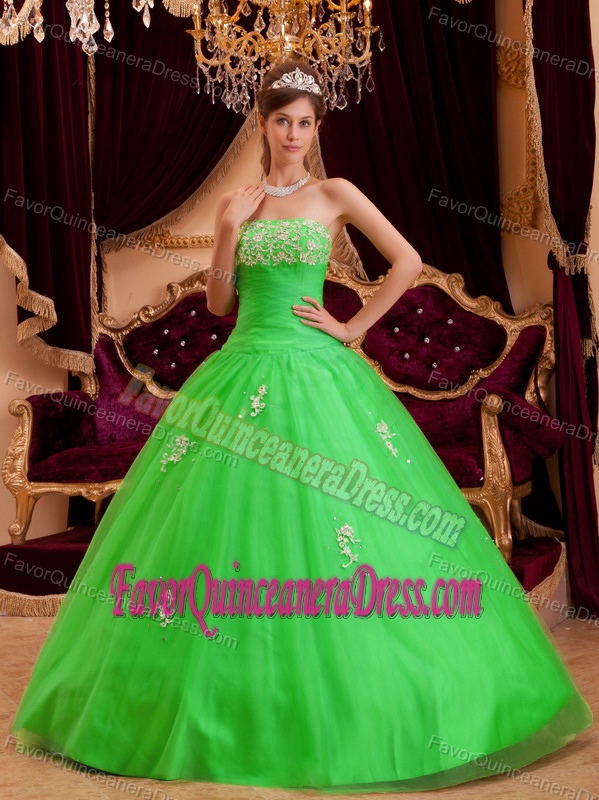 Spring Green Strapless Tulle Quinceanera Gown Dress with Appliques