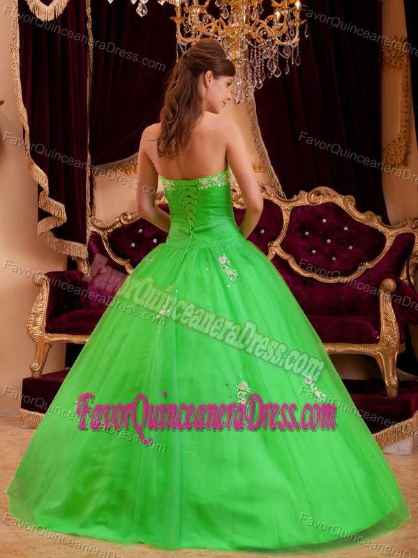 Spring Green Strapless Tulle Quinceanera Gown Dress with Appliques