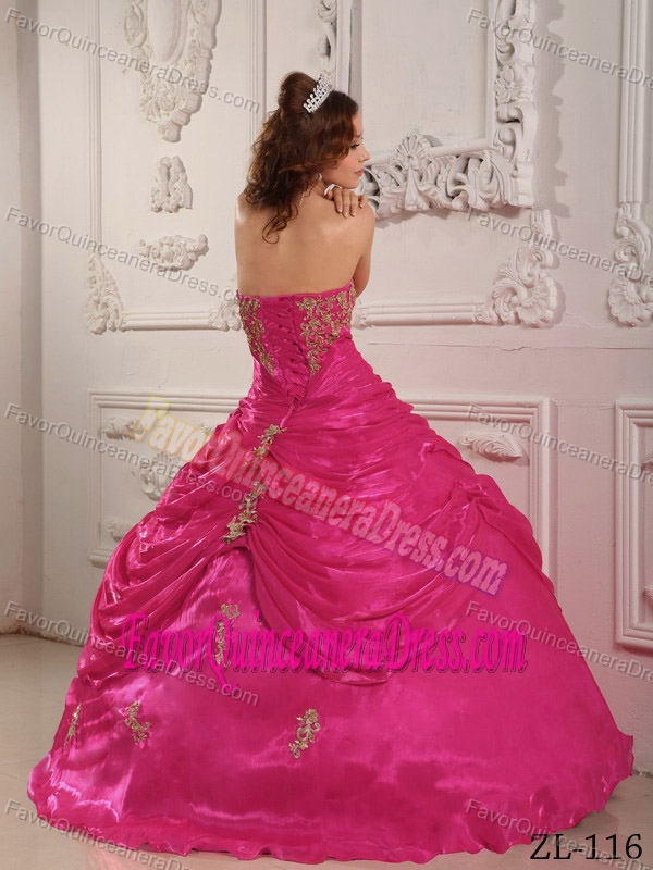 Dreamy Strapless Organza Appliqued Quinceanera Dress in Hot Pink
