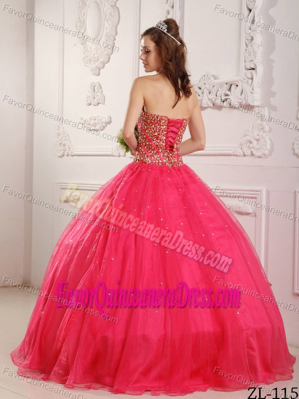 Hot Pink Sweetheart Beaded Quinceanera Dress in Satin and Organza