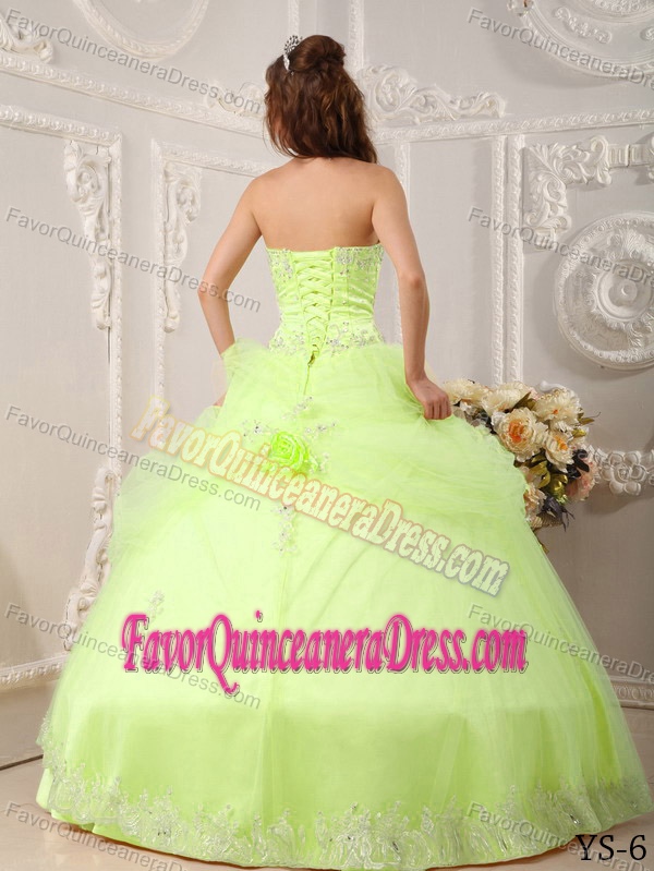 Beautiful Sweetheart Organza Appliqued Quince Dress in Yellow Green