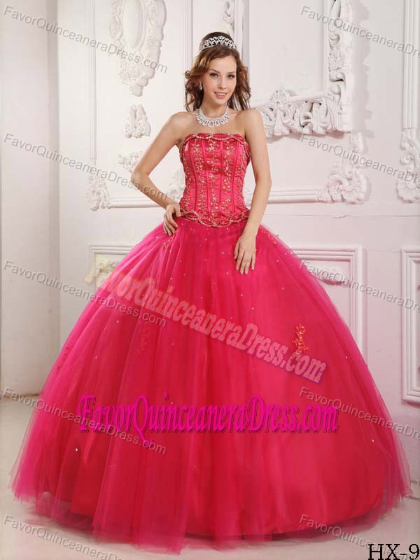 Elegant Strapless Tulle Hot Pink Quinceanera Gown Dress with Beading