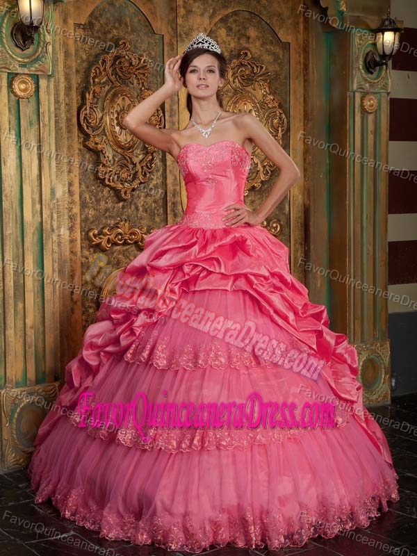 Sweetheart Taffeta and Tulle Lace Appliqued Quince Dress in Coral Red