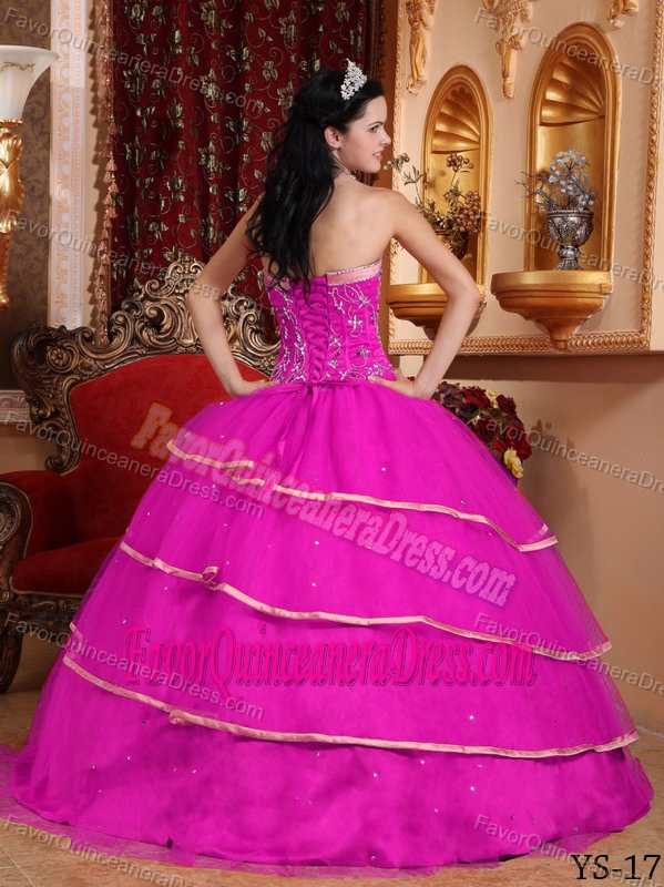 Hot Pink Sweetheart Satin and Tulle Quinceanera Dresses with Beading