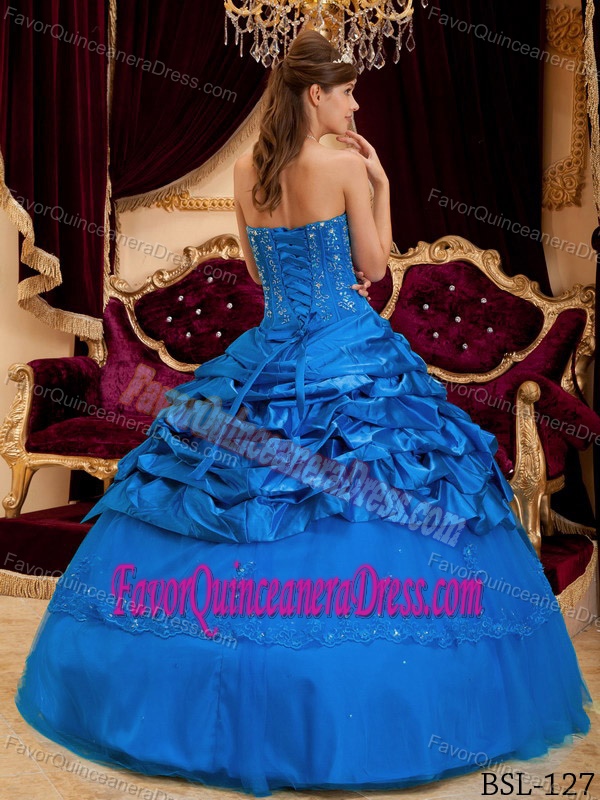 Blue Strapless Taffeta and Tulle Lace Appliqued Quinceanera Dresses