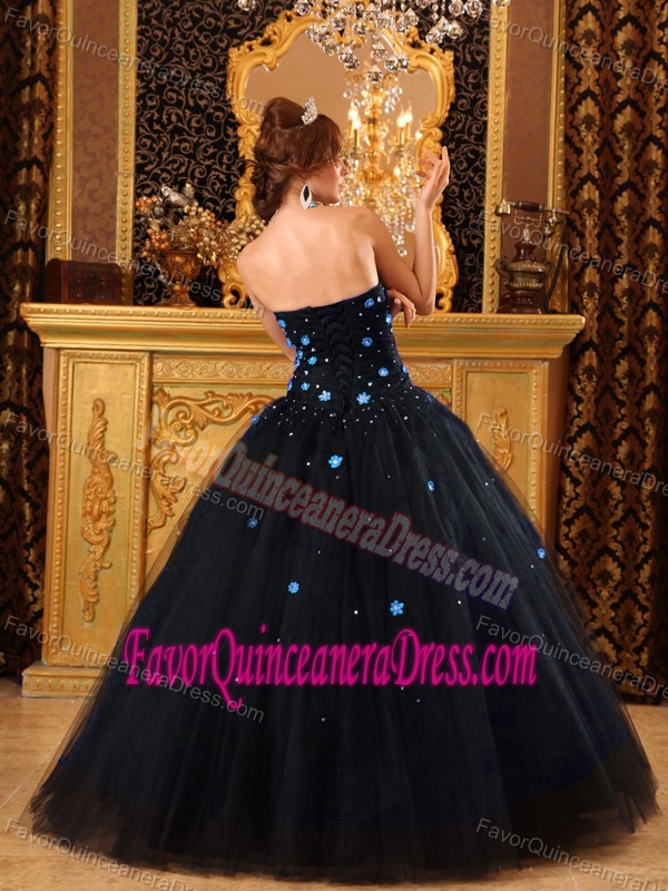 Popular Strapless Tulle Black Quinceanera Gown Dresses with Appliques