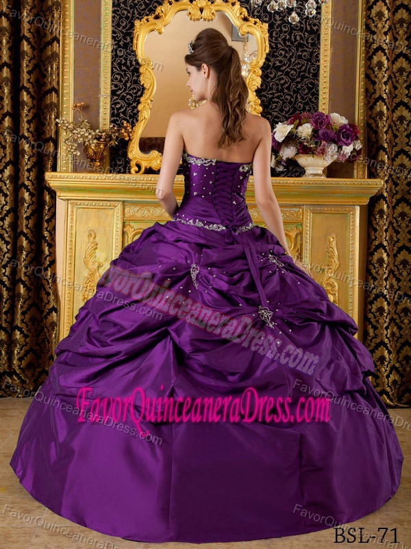 Strapless Taffeta Appliqued Quinceanera Dress in Purple with Pick-ups