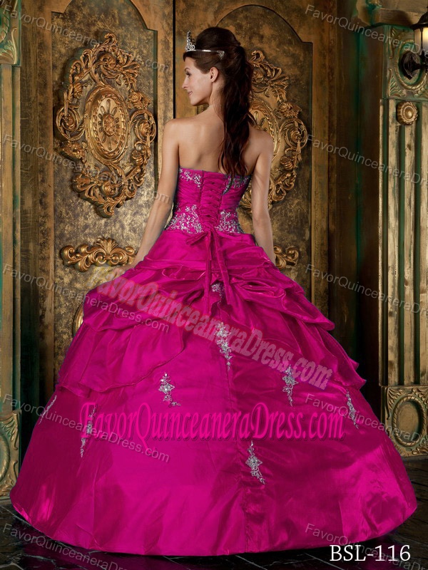 Hot Pink Sweetheart Taffeta Quinceanera Gown Dress with Appliques