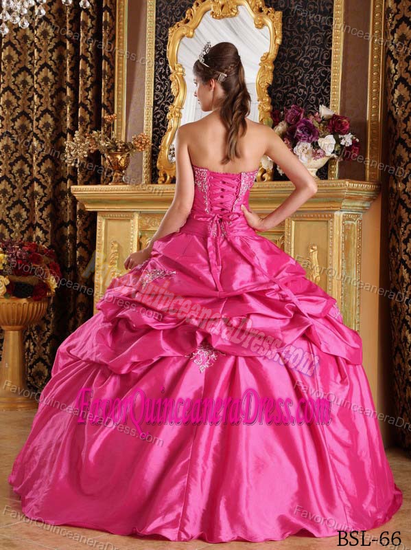Puffy Strapless Taffeta Hot Pink Quinceanera Gown Dress with Pick-ups